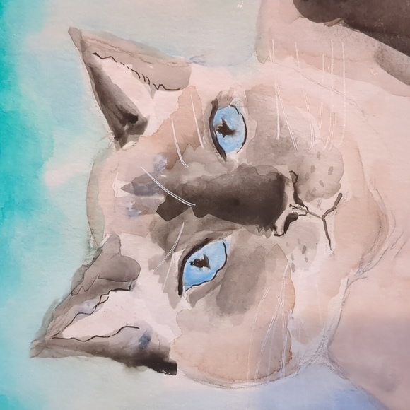 Original signed Watercolor. "Puss", Siamese cat. Pet Portrait. - Picture 9 of 9